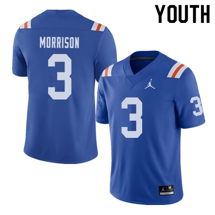 NCAA Florida Gators Antonio Morrison Youth #3 Jordan Brand Alternate Royal Throwback Stitched Authentic College Football Jersey TLA0564XT